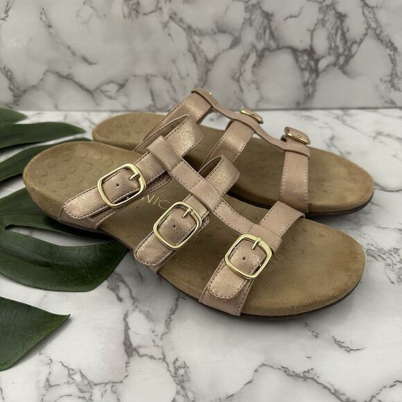 Vionic Womens Misa Sandals Size 10 Rose Pink Strap Gold Buckle Comfort Flat - Picture 1 of 6